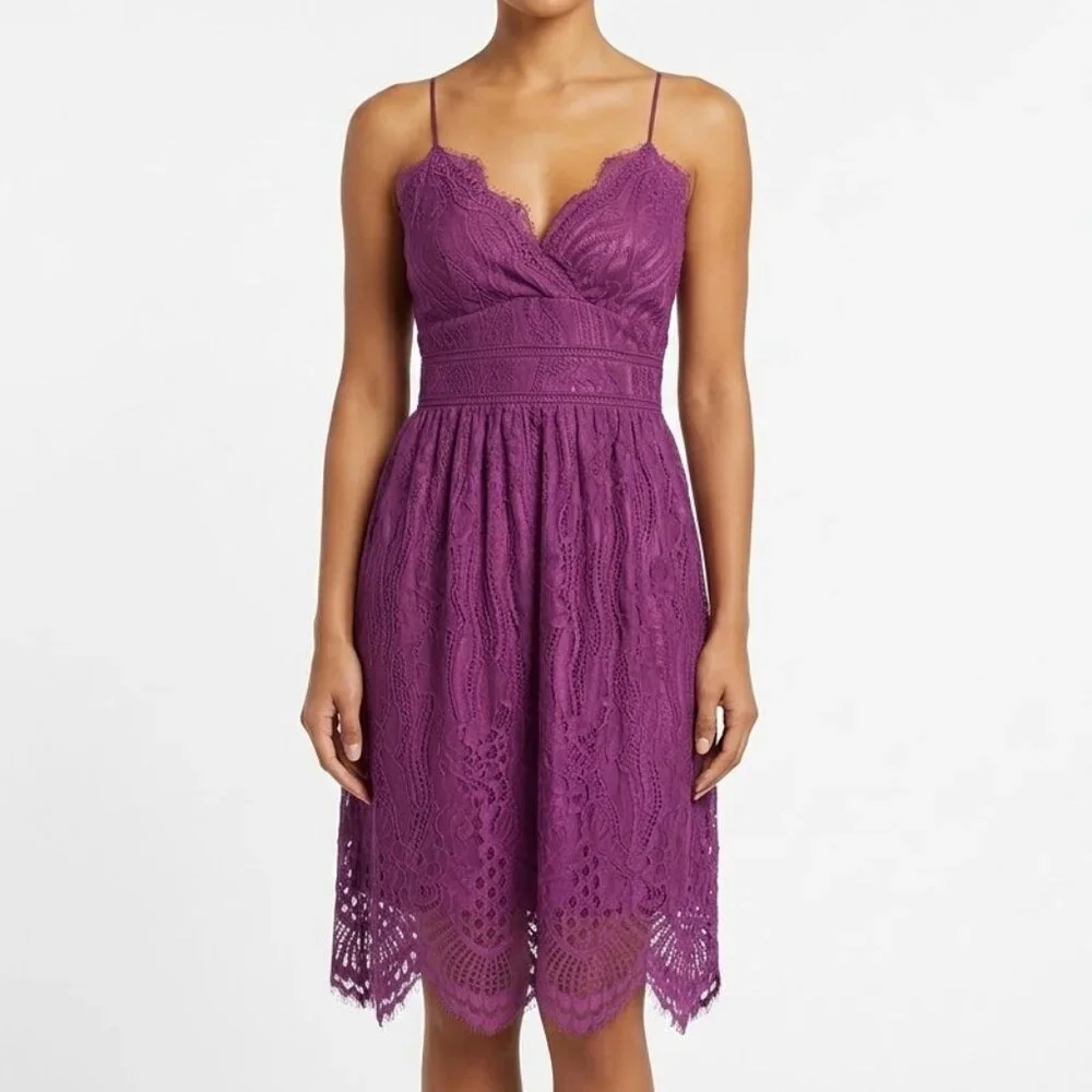 AOOKSMERY Purple Floral Lace Midi Dress NWT Lace Up Back Cocktail Wedding Guest